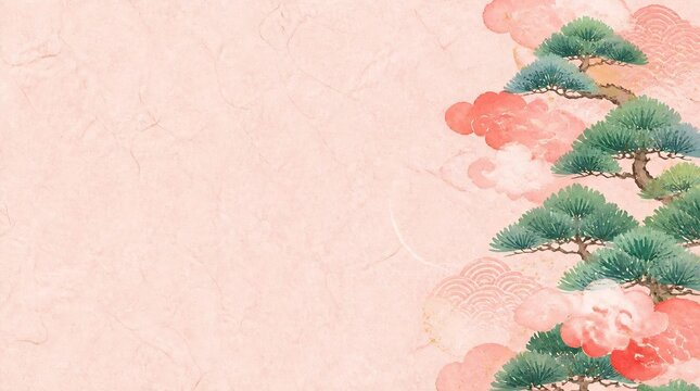 淡い桜色の和紙地に松と朱赤の雲取りが可憐に映える優美な和モダン背景素材