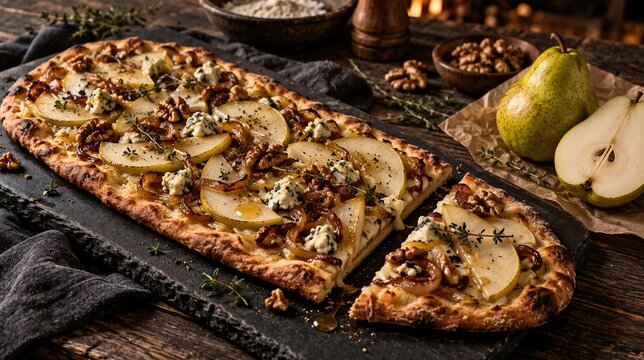 Rustic savory flatbread pizza topped with fresh pear slices, blue cheese, caramelized onions, toasted walnuts and thyme. Homemade gourmet pastry on slate board on dark wooden table with side light