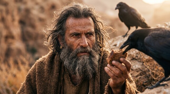 Prophet Elijah fed by ravens in the desert. Biblical scene of divine provision at brook Cherith. Old Testament story