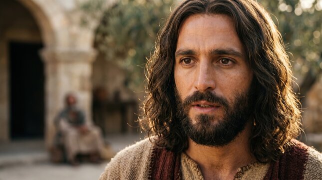 Jesus Christ teaching the parable of the rich man and Lazarus. Biblical scene of savior in ancient courtyard