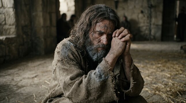 King Ahab repenting in sackcloth. Biblical man praying in tattered robes on stone floor. Christian faith concept
