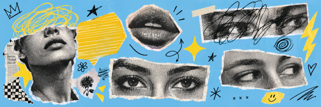 Surreal Pop Art Collage with Halftone Portraits, Hand Drawn Doodles and Sky Blue Background