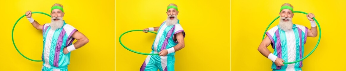 Senior bearded man poses with a green exercise hoop. © deagreez