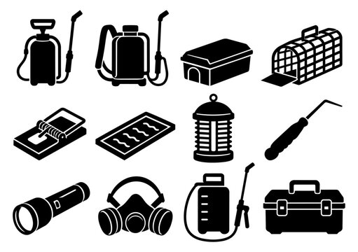 Pest Control Equipment Icon Set &ndash; Sprayers, Traps and Tools