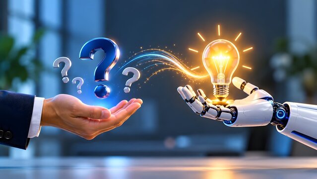 Artificial intelligence problem solving concept with human hand holding question marks and robot arm receiving glowing lightbulb idea
