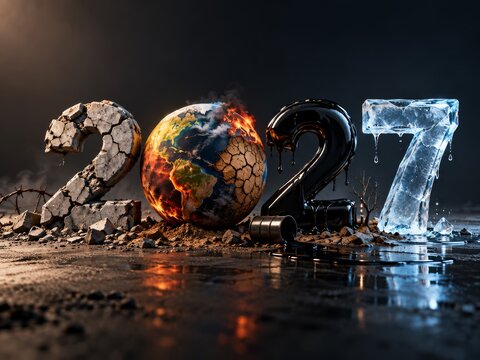 Symbolic 2027 numbers depicting war, a burning Earth, oil and melting ice amid a ruined landscape.