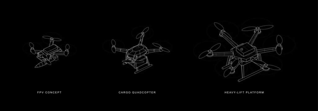 Drone wireframe collection featuring an FPV concept, 3D drones in wireframes style. Cargo quadcopter and heavy lift hexacopter. FPV 3D drones. Vector isometric graphic