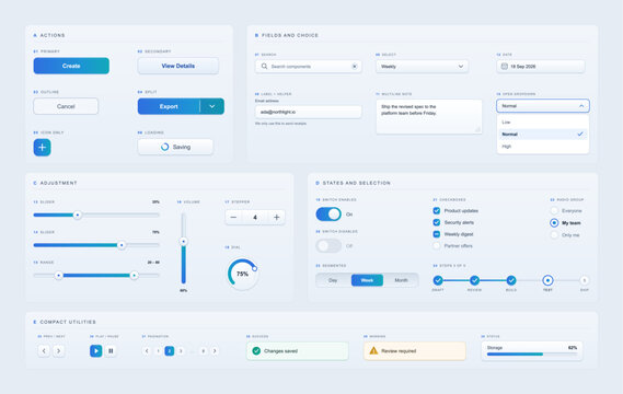 Modern UI kit with buttons, sliders, switches, checkboxes, radio buttons, dropdowns, steppers, pagination and alerts for web and mobile app design. Vector UI, UX
