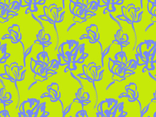 Seamless pattern with silhouettes of tulip flowers painted in green and blue shades for textile and surface design. Summer motif with dynamic botanical composition © Марина Воюш