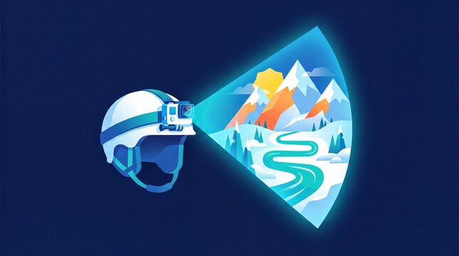 action sport recording, a ski helmet with an action camera projects a blue cone over mountains