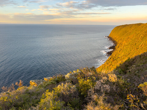 Epic sunrise golden light on the Waitpinga Cliffs at dawn over the ocean and horizon on the Fleurieu Peninsula in South Australia