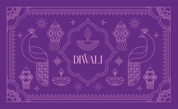 Minimalist Diwali background with peacocks, Diya lamps, lanterns and abstract decorative design elements. Holiday template with geometric line art motifs.