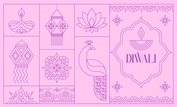Minimalist Diwali background with peacocks, Diya lamps, lanterns and abstract decorative design elements. Holiday festival template with geometric line art motifs.