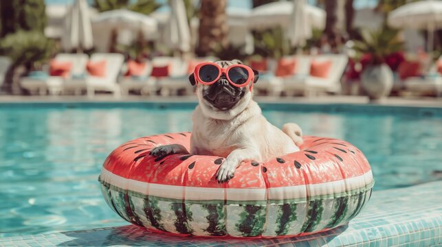 Pug dog in red sunglasses on watermelon float ring in swimming pool at resort. Cute dog close-up by poolside. Summer vacation and holiday fun concept. Pet humor and travel lifestyle.