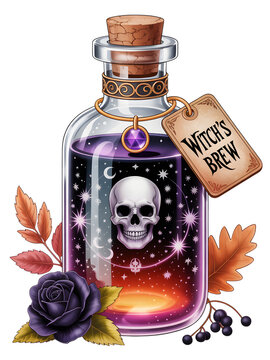 Witch's Brew potion bottle with floating skull stars moons and rose