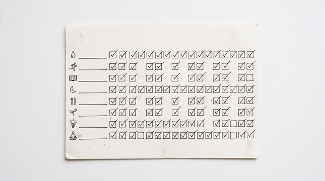 Daily habit tracker with icons for water, running, reading, sleep, meals, growth, ideas, and meditation