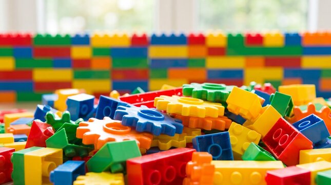 Colorful plastic building blocks piled in a playroom. Creative construction toy for learning and play. Early childhood education, imagination and motor skills. Bright playful colors.