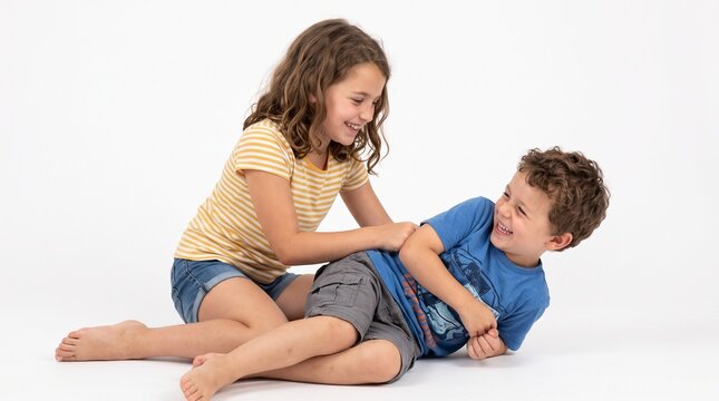 Joyful siblings sharing a playful moment, girl tickling boy on white background