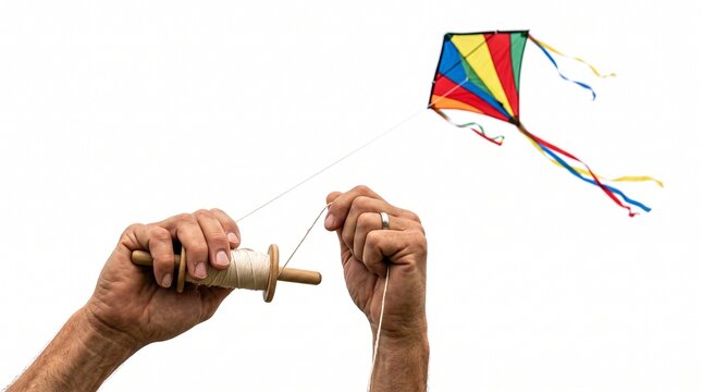 Hands holding a wooden spool of string to fly a colorful diamond kite against a bright white sky