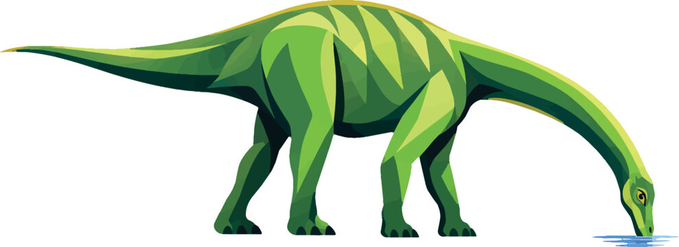 Diplodocus bending low to drink water, side profile right, full body, dinosaur illustration