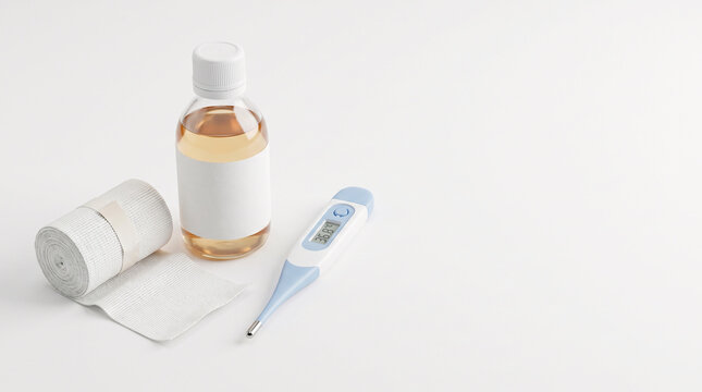 Digital thermometer and medical supplies on a clean white surface