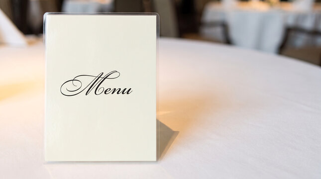Restaurant menu on a white tablecloth with blurred background
