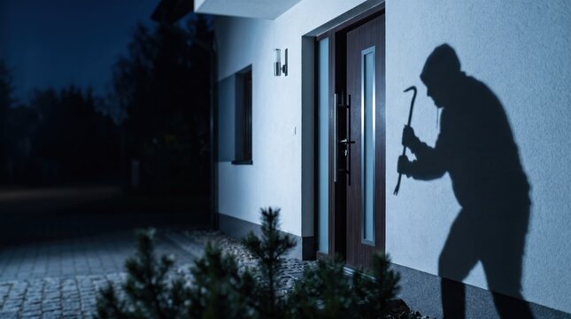 Hooded figure casting a dark shadow on the exterior wall of a home while holding a metal tool to break into the front door during the quiet night