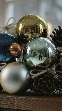 Vertical video: Lifting camera reflected person in light top filming baubles on ledge