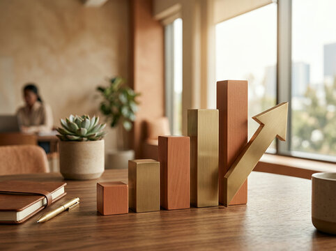 Wooden block chart with a golden arrow on a desk in a warm modern office