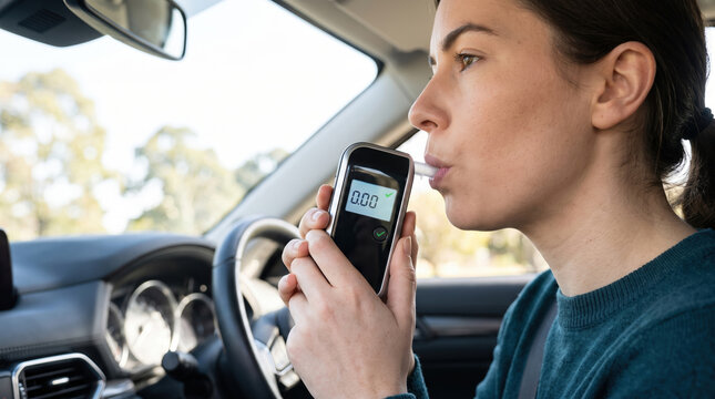 Woman breathes into a portable digital breathalyzer while sitting behind the steering wheel of a vehicle to ensure sobriety and safe driving habits