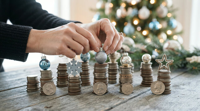 Hands placing a silver ornament on stacks of coins before a festive tree