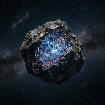 Asteroid embedded with a blue metallic geometric structure in deep space