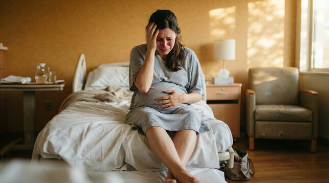 Pregnant woman crying on a hospital bed in a warm sunlit private ward room