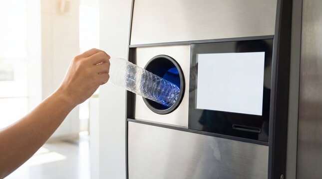 Hand inserting a plastic bottle into a recycling machine. Plastic bottle return and recycling drop-off. Waste reduction, circular economy and reuse. Sustainable consumer habits.
