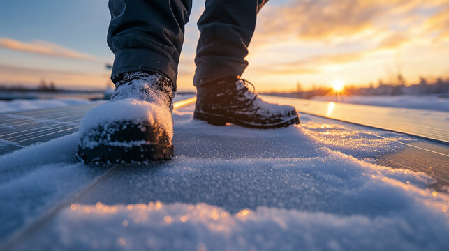 Worker stands on solar panels covered in snow at sunset during winter