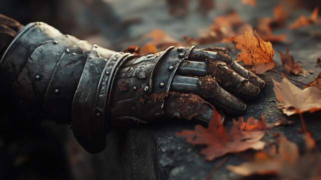 Armored hand resting on stone with autumn leaves scattered nearby