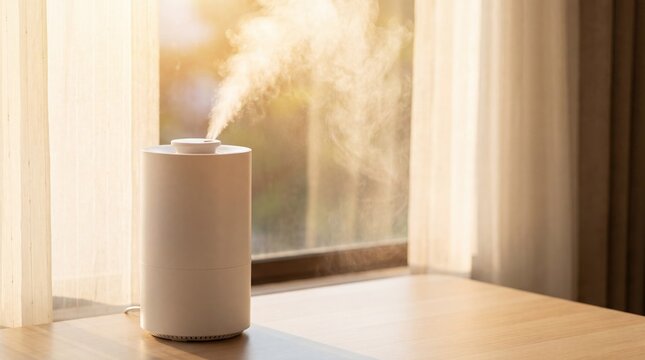 Humidifier releasing mist beside a window in a home interior. Indoor humidity and air quality. Home wellness and dry air relief. Minimal modern household appliance. Everyday indoor comfort.