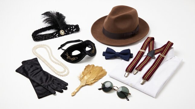 1920s Gatsby Themed Costume Accessories Including Feather Headband Mask Pearls Gloves Hat Bowtie Suspenders and Glasses