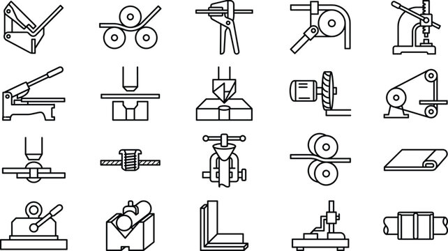 Metal Forming, Riveting and Machining Process Outline Icons