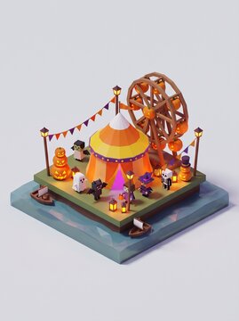 Isometric Low Poly Halloween Carnival Diorama with Ferris Wheel