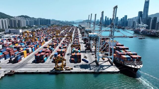 Miami, Florida, USA - May 21, 2025: Freight container cargo. Port of Miami. Container port loading. Export and import. Cargo business. Cargo services with container in Miami port terminal