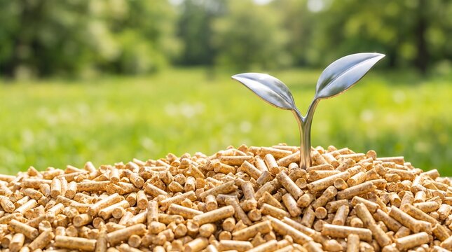 Metal sprout rising from wood pellets against green foliage. Biomass fuel and renewable energy concept. Sustainable heating, clean energy, bioenergy and resource efficiency.