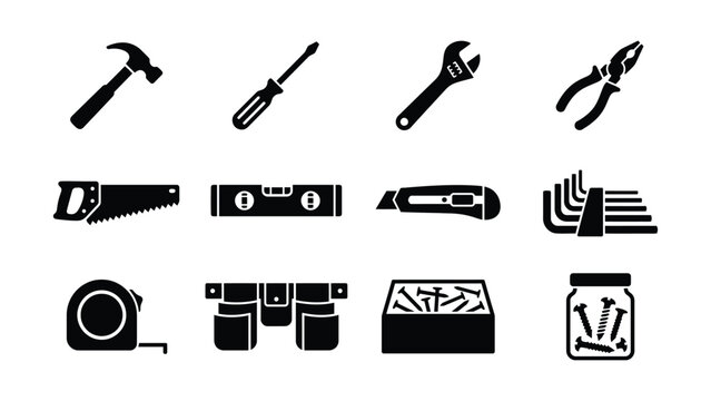 Set of twelve essential hand tools icons with transparent background