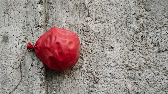 Deflated red balloon tied with string against rough concrete wall