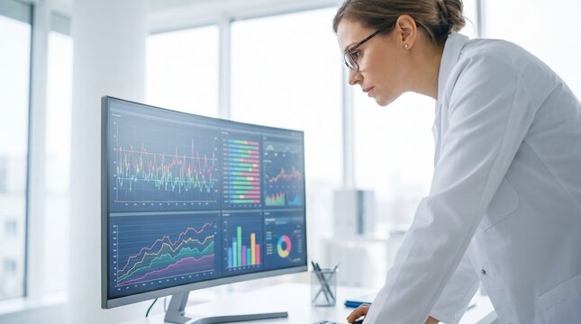 Woman in white coat reviewing data analytics on computer monitor in bright office. Healthcare research and digital diagnostics. Medical data analysis and clinical technology.