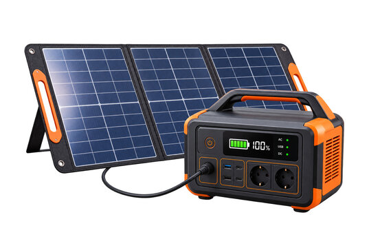 Portable power station connected to a foldable solar panel, isolated on transparent background. Solar charging and backup electricity solution for power outages, emergencies, off-grid living and outdo