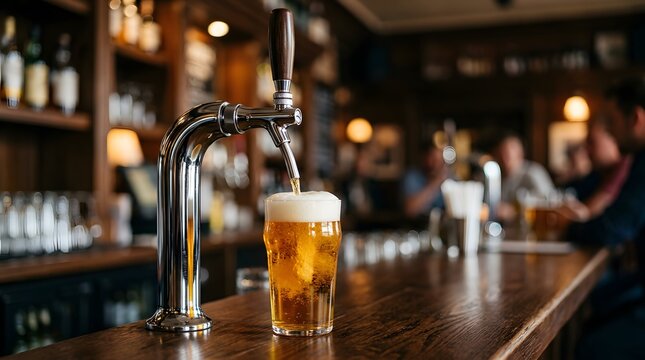 Fresh draft beer tap in motion pouring golden lager into glass on wooden counter in cozy pub for International Beer Day festival celebration concept