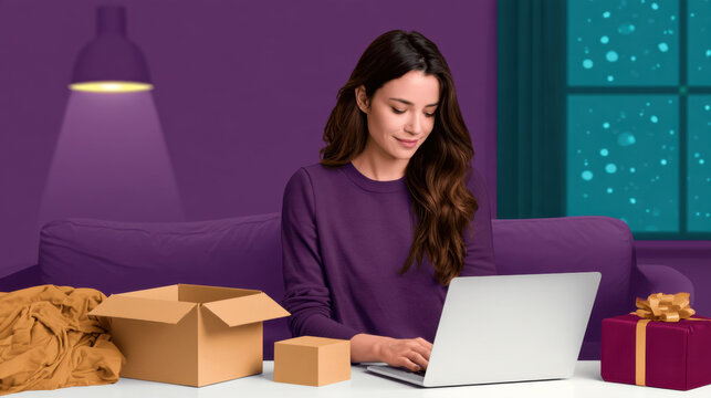 Young woman uses a laptop to arrange return of a wrong size christmas clothing gift beside an open box at home