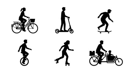 Transportation silhouettes set with bicycle, scooter, skateboard, unicycle, roller skates and cargo bike for active lifestyle © Sneha