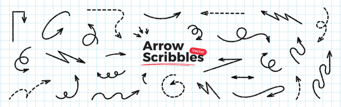 Hand drawn black pencil arrow scribbles set. Doodle pointer elements with curved, twisted and rounded lines. Brush texture strokes. Grunge strikethrough. Vector illustration collection